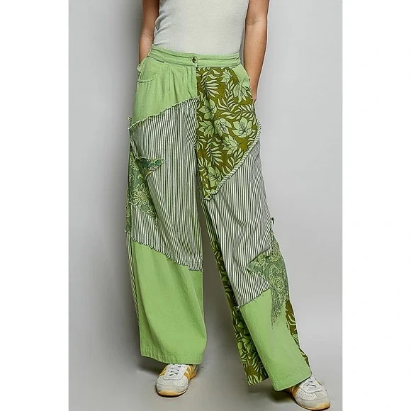 POL Green Patchwork Star Straight Leg Pants Floral Stripe Boho LARGE - Picture 3 of 7